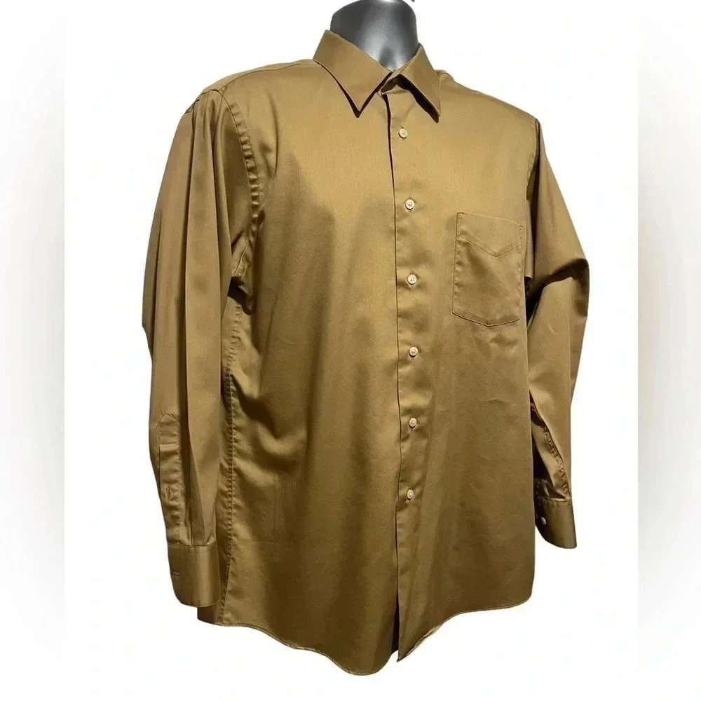 ❤️2/$11 Classic Fit Sateen Gold Button Down Shirt Mens Size 15 1/2 32/33
